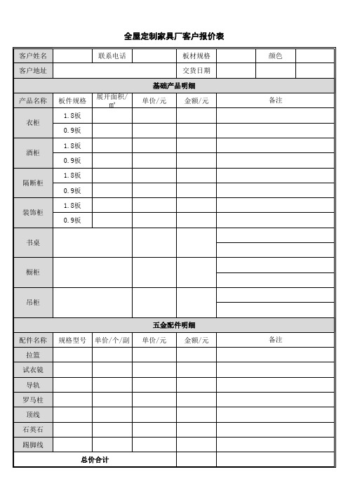 定制家具厂客户报价表