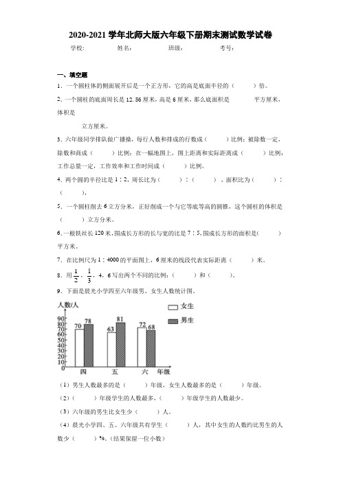 2020-2021学年北师大版六年级下册期末测试数学试卷 (3)