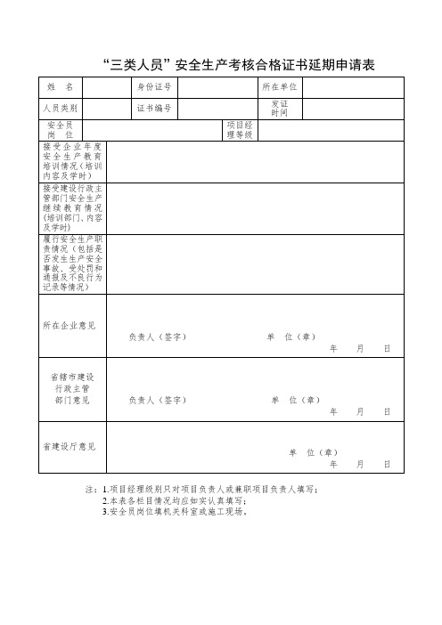 三类人员安全生产考核合格证书延期申请表