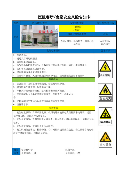 医院餐厅食堂安全风险告知卡