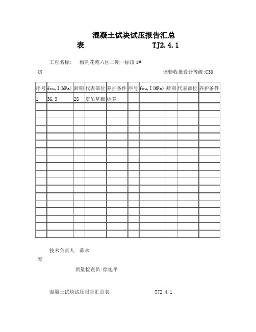 混凝土试块试压标养报告汇总表