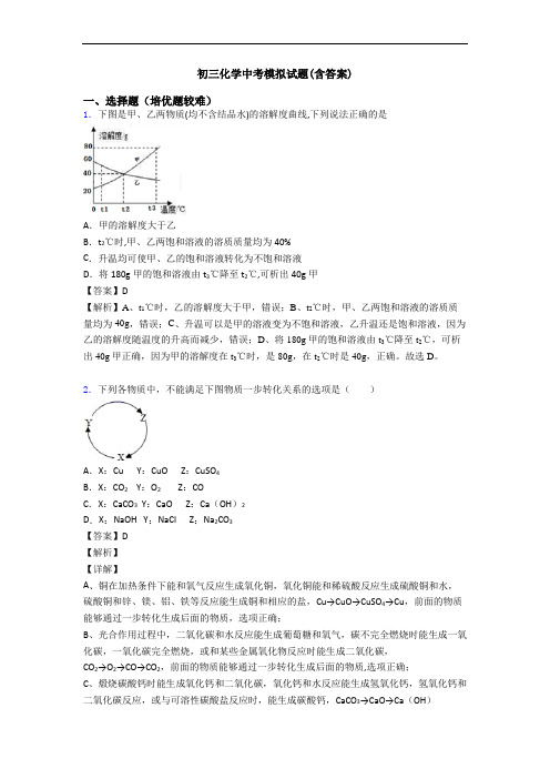 初三化学中考模拟试题(含答案)