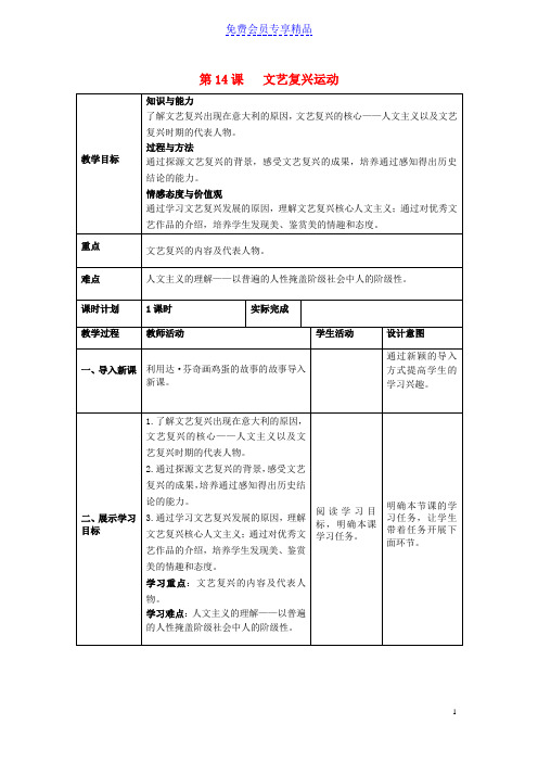 精品九年级历史上册第五单元步入近代第14课文艺复兴运动教案新人教版1