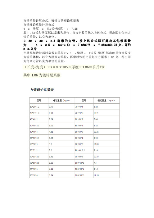 镀锌方管重量计算公式