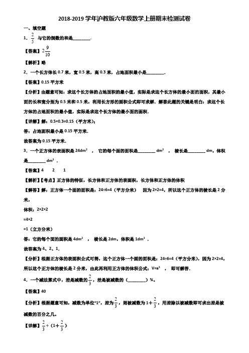 2018-2019学年沪教版六年级数学上册期末检测试卷含解析