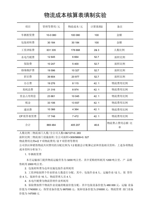 物流成本核算表填制实验