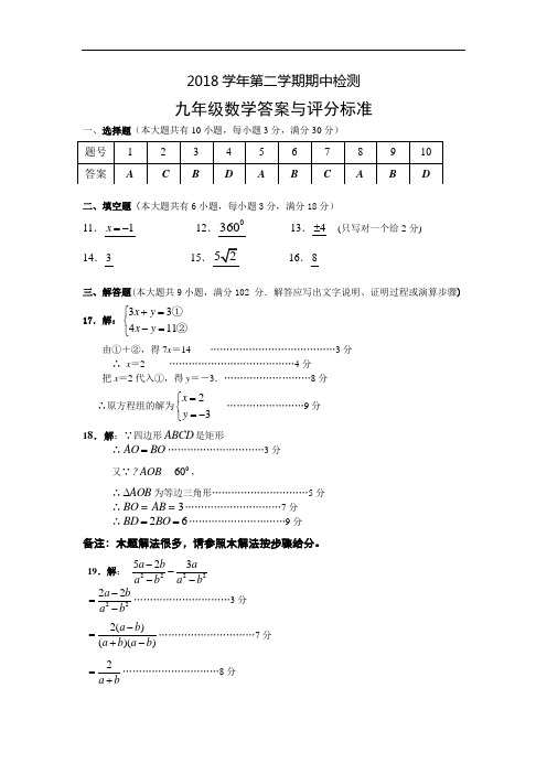 2018学年第二学期期中初三数学答案