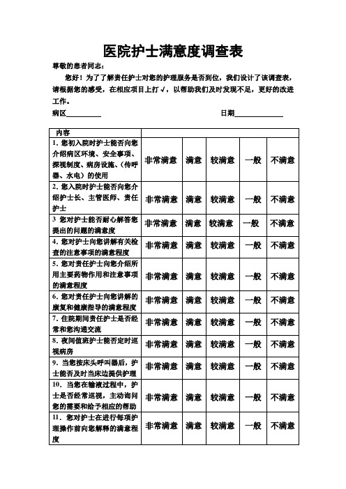 医院护士满意度调查表