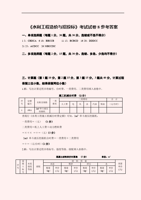 水利工程造价与招投标考试试卷8参考答案