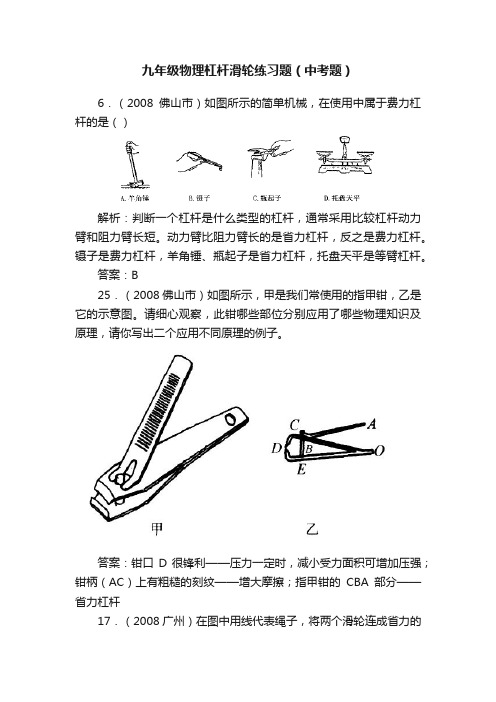 九年级物理杠杆滑轮练习题（中考题）