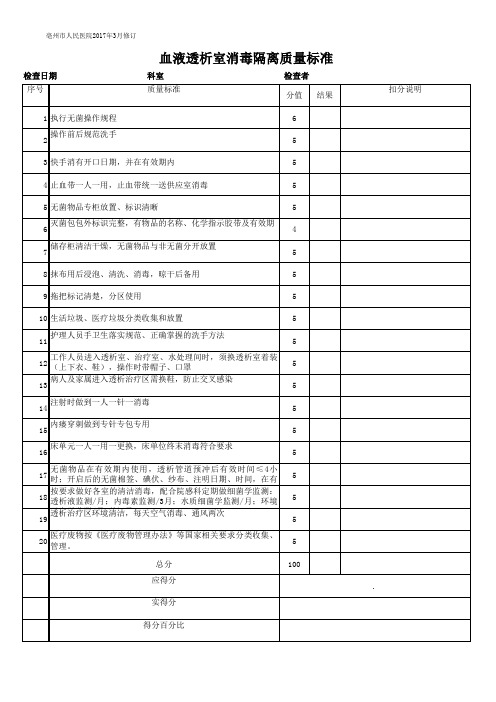 血液透析室护理质量检查标准