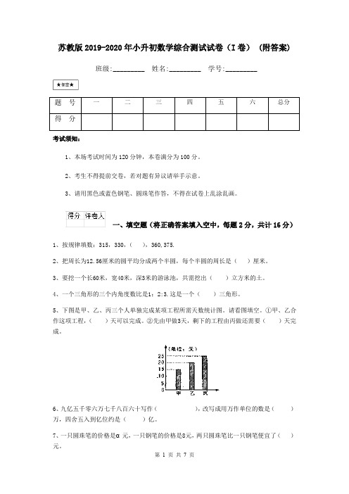 苏教版2019-2020年小升初数学综合测试试卷(I卷) (附答案)