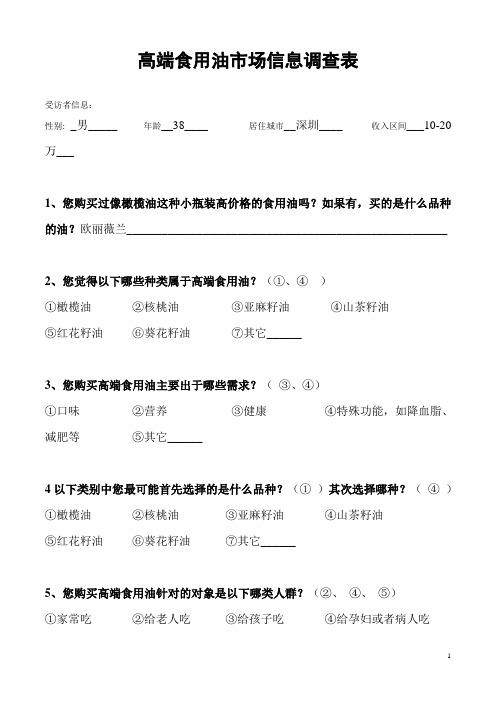 高端食用油市场信息调查表  模板