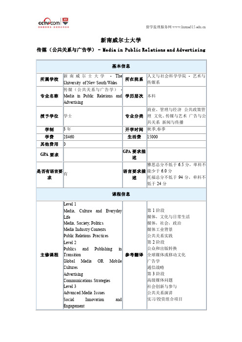 新南威尔士大学传媒(公共关系与广告学)专业本科