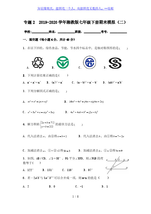 2019-2020学年湘教版七年级数学下册(专题二)期末模拟(二)