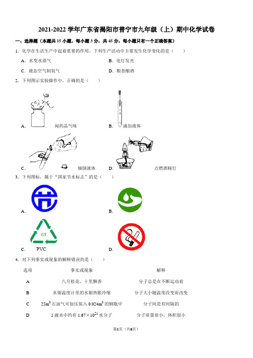 2021-2022学年广东省揭阳市普宁市九年级(上)期中化学试卷