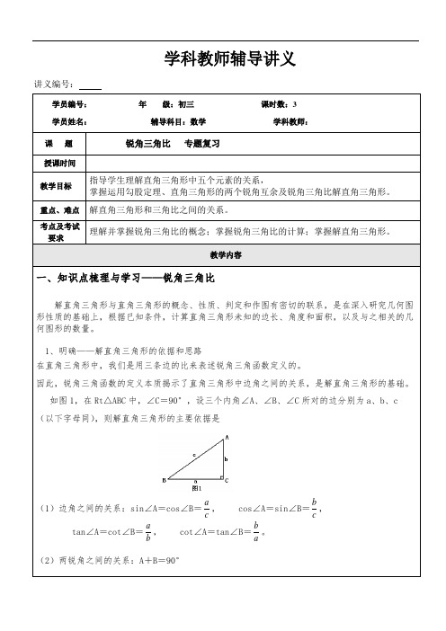 上海初三上数学专题训练之锐角三角比专题复习