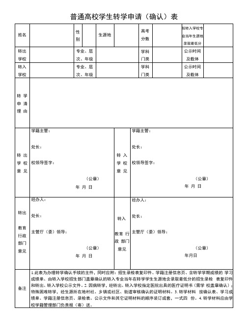 普通高校学生转学申请确认表(模板)