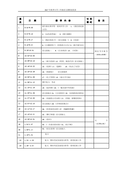 人教版2017年秋季小学三年级语文课程季度表最新