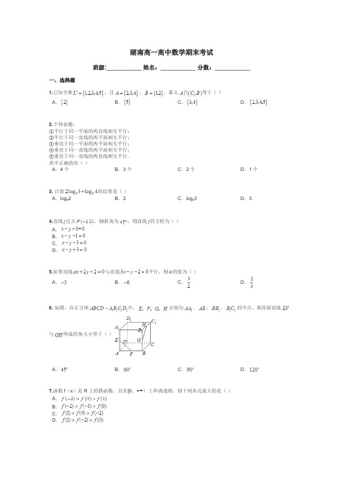 湖南高一高中数学期末考试带答案解析
