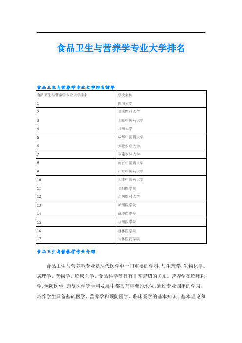 食品卫生与营养学专业大学排名