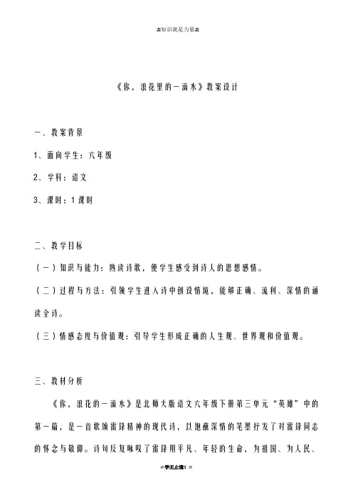 2018-2019年度新北师大版小学语文六年级下学期《你,浪花里的一滴水》教案设计