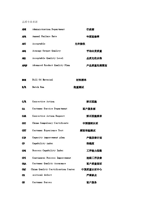 质量管理常用术语及中英文对照 缩写