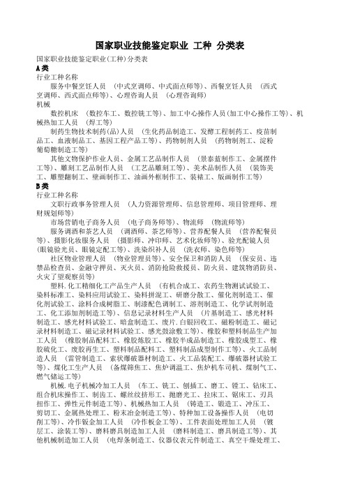 国家职业技能鉴定职业工种分类表