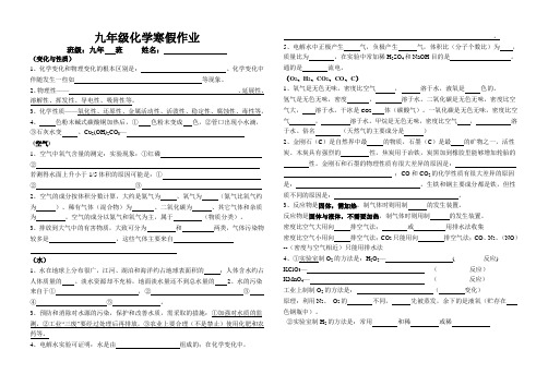 人教版九年级化学寒假作业