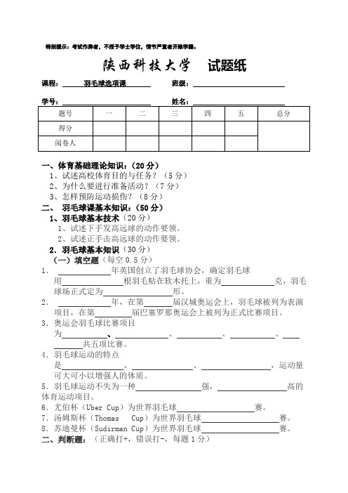 羽毛球理论试卷