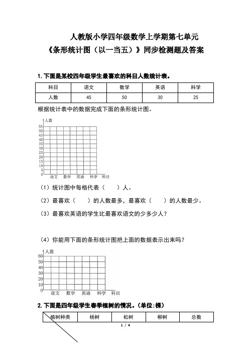 人教版小学四年级数学上学期第七单元《条形统计图(以一当五)》同步检测题及答案(含两套题)