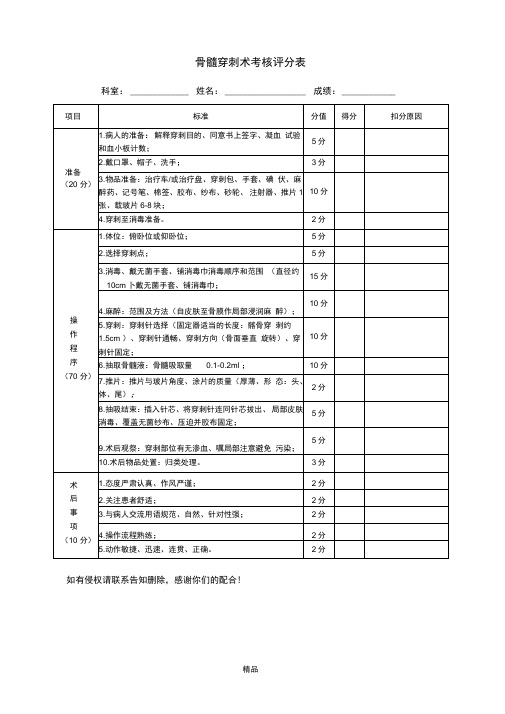 骨髓穿刺术考核评分表