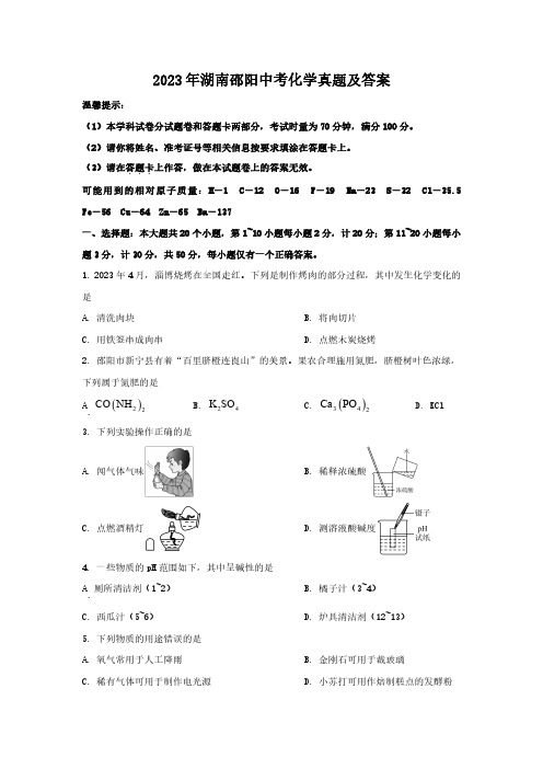 2023年湖南邵阳中考化学真题及答案