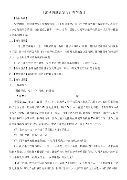 北师大版六年级数学下册教案常见的量总复习