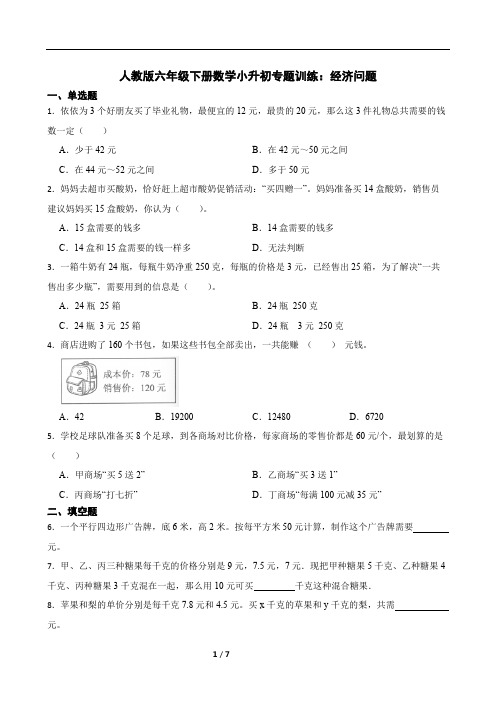 人教版六年级下册数学小升初专题训练：经济问题(含答案)