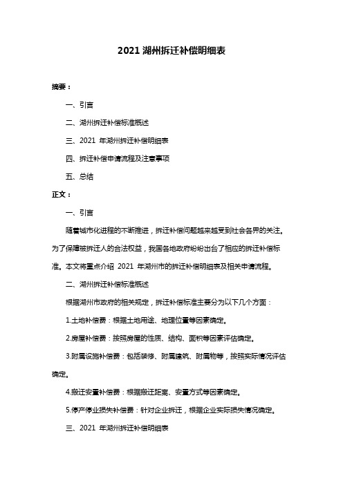 2021湖州拆迁补偿明细表