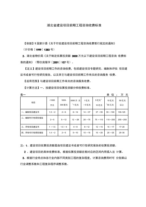 湖北省建设项目前期工程咨询收费标准