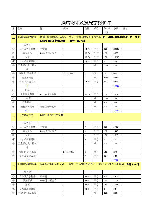 酒店钢架及发光字报价单新