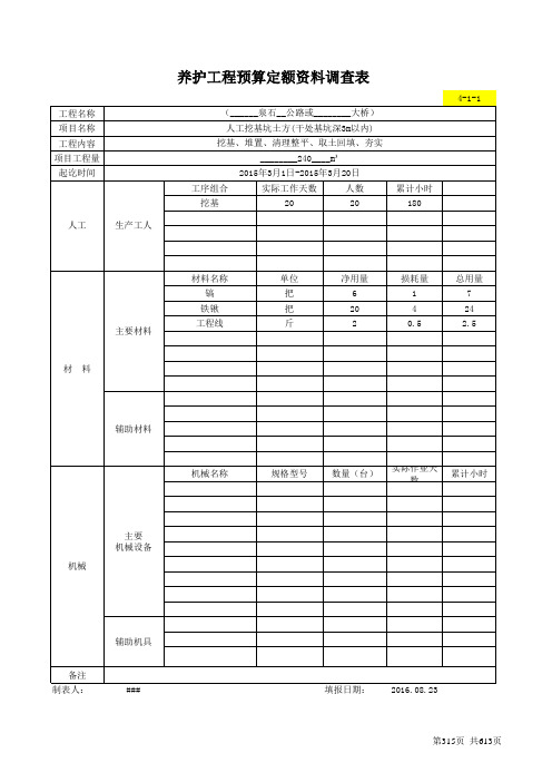 公路养护定额资料调查表(桥梁工程)