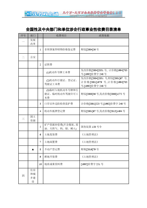 全国性及中央部门和单位涉企行政事业性收费目录清单