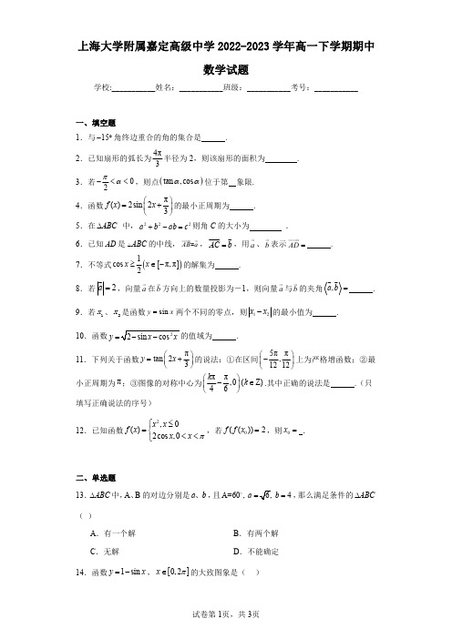 上海大学附属嘉定高级中学2022-2023学年高一下学期期中数学试题