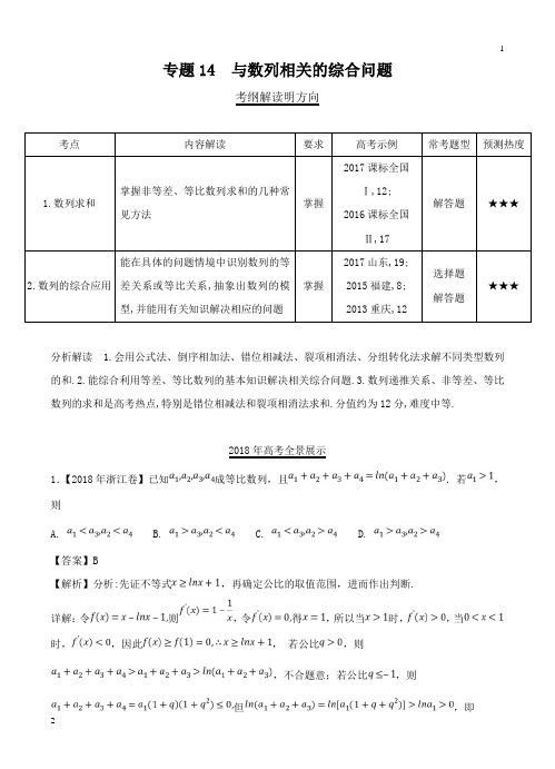 人教版【三年高考】(2016-2018)数学(理科)真题分类解析：专题14-与数列相关的综合问题(含答案)