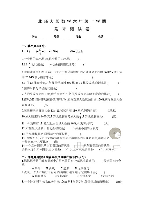 北师大版数学六年级下册《期末考试试题》附答案