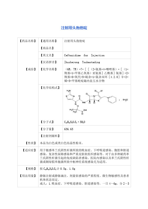 注射用头孢他啶 说明书1g