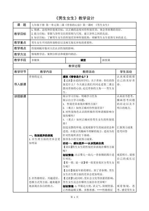 人教部编版道德与法治七年级下册第一单元2.1《男生女生》优秀教案