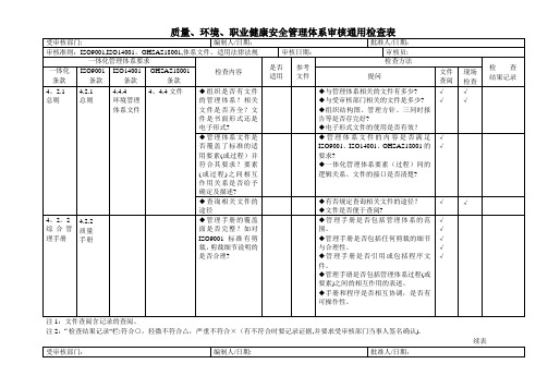 质量、环境、职业健康安全三合一管理体系审核内审检查表