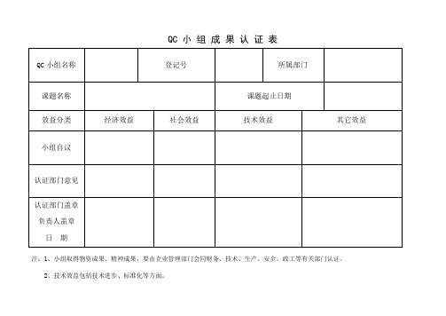 QC 小 组 成 果 认 证 表