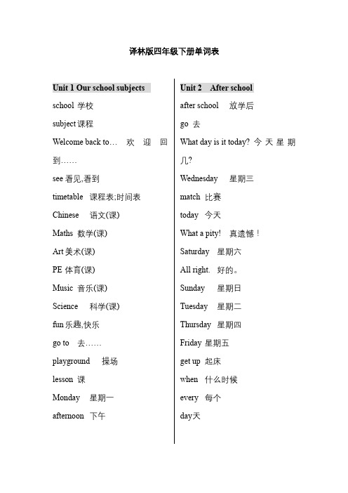 最新牛津译林版四年级下册单词词汇表汇总(完整打印版)