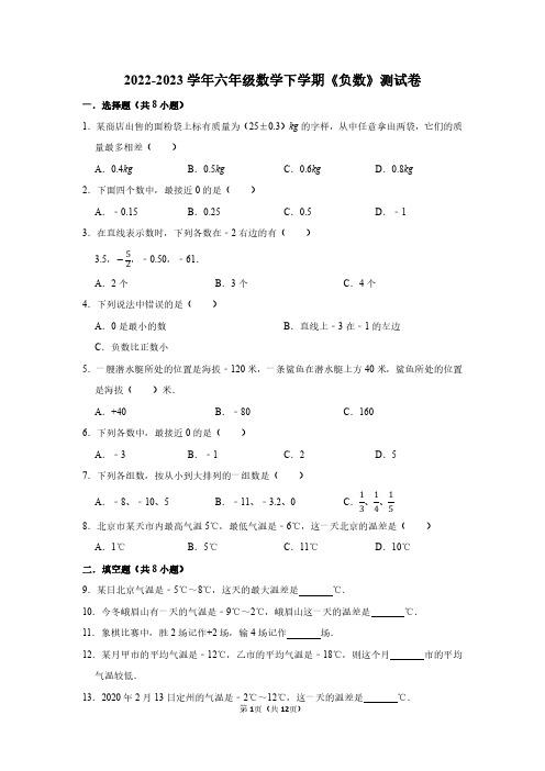 2022-2023学年六年级数学下学期《负数》测试卷及答案解析