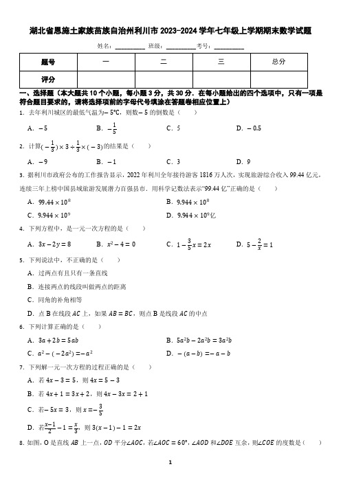 湖北省恩施土家族苗族自治州利川市2023-2024学年七年级上学期期末数学试题